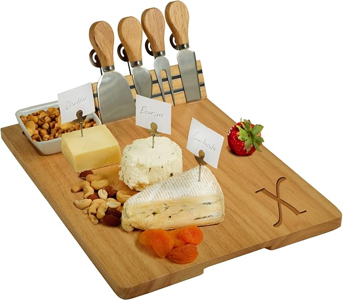 Picnic at Ascot Personalized Monogrammed Laser Engraved Hardwood Board for Cheese & Appetizers - Includes 4 Cheese Knives, Cheese Markers & Ceramic Dish - Designed in California