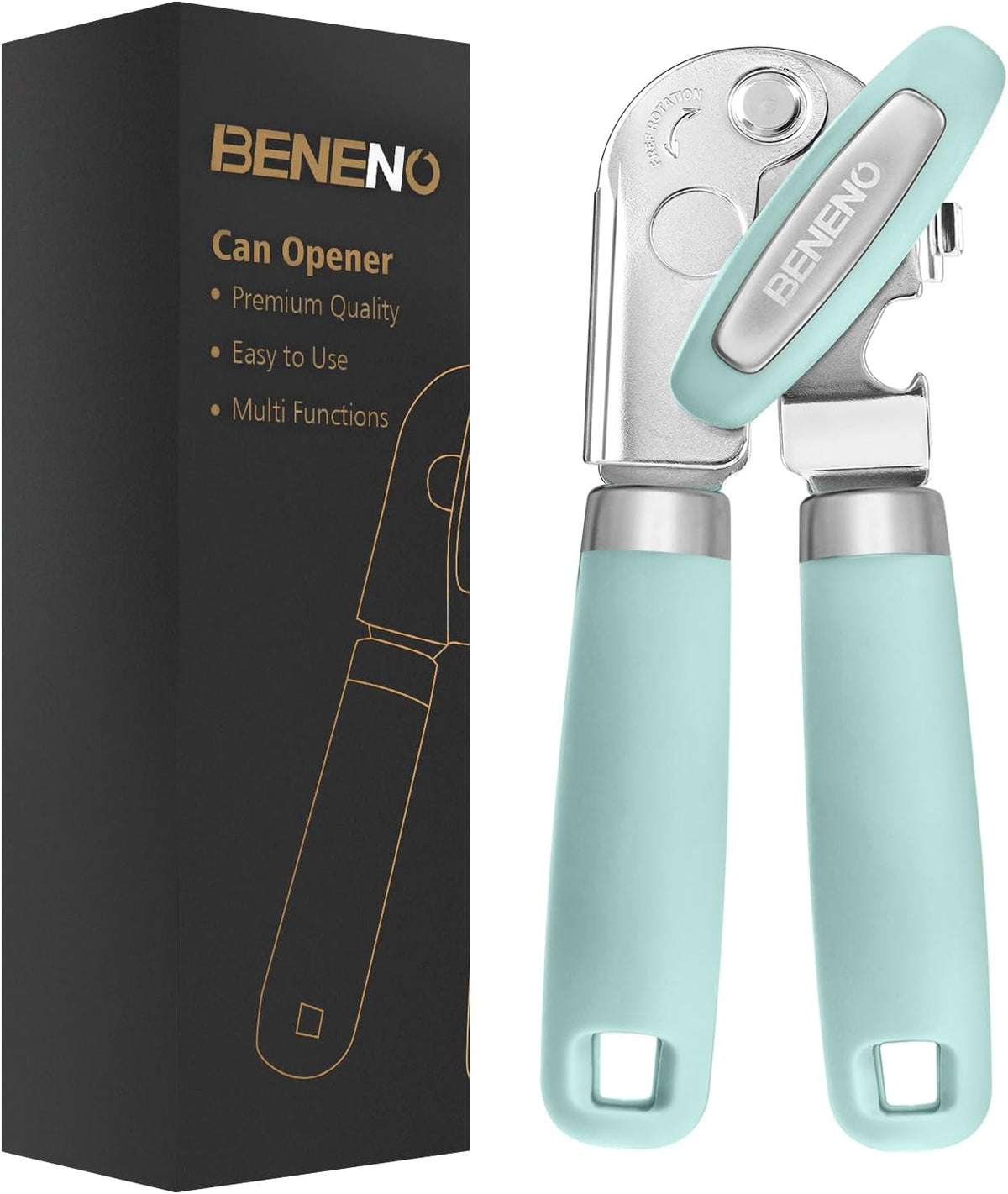 Beneno Can Opener Manual with Magnet, Hand Held Heavy Duty Can Opener with Durable Sharp Blade Smooth Edge, Big Effort-Saving Knob, Soft Grip Rubber Handle, Multifunctional Bottle Opener, Mint