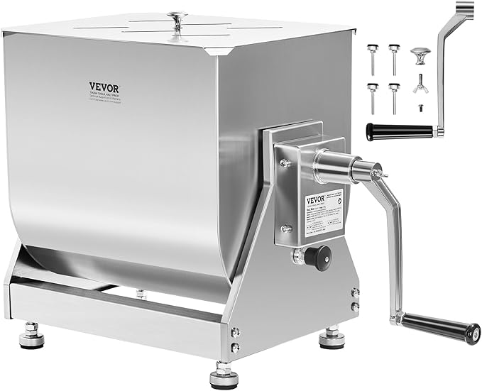VEVOR Manual Meat Mixer, 15 Pound Capacity Tilt Tank Meat Mixer, Stainless Steel Meat Processing Equipment, Sausage Mixer Machine with Lid and Handle, Ground Beef Hand Mixer, Silver