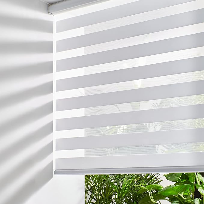 Persilux Cordless Zebra Blinds for Indoor Windows, Free-Stop Zebra Blinds Cordless, Light Filtering Sheer Shades Dual Layer for Day and Night, Zebra Roller Shades for Home (35.25" W X 47" H, White)