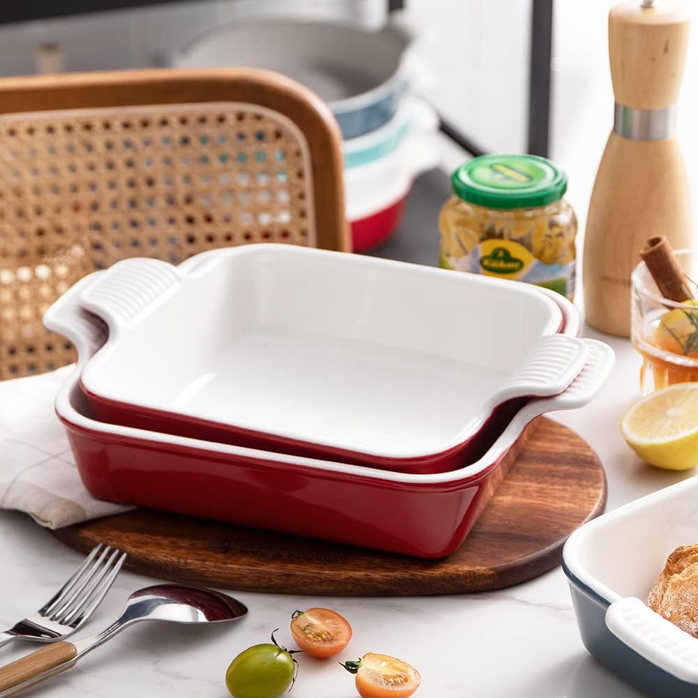 Sweejar Ceramic Baking Dish, 8 x 8 Cake Baking Pan for Brownie, Porcelain Square Bakeware with Double Handle for Casserole, Lasagna, Family Dinner (Red)