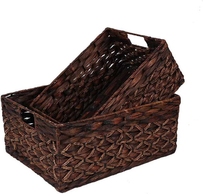 Rectangular Woven Water Hyacinth Basket,Dark Storage Basket With Inside Handle Shelves Kitchen Office Desk (Set of 2)