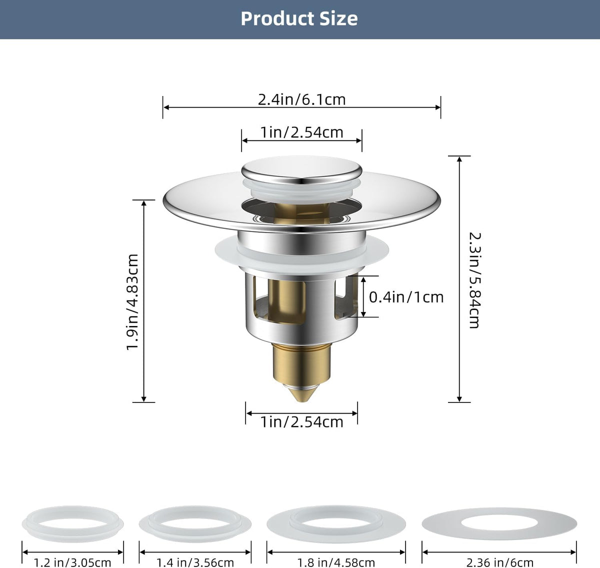 Hibbent 2 Pack All Metal Universal Bathroom Sink Stopper for 1.1''~2.3'' Basin, Pop Up Sink Drain Strainer, Brass Bullet Core Push Type Stopper, Stainless Steel Anti Clogging Drain Filter, Chrome
