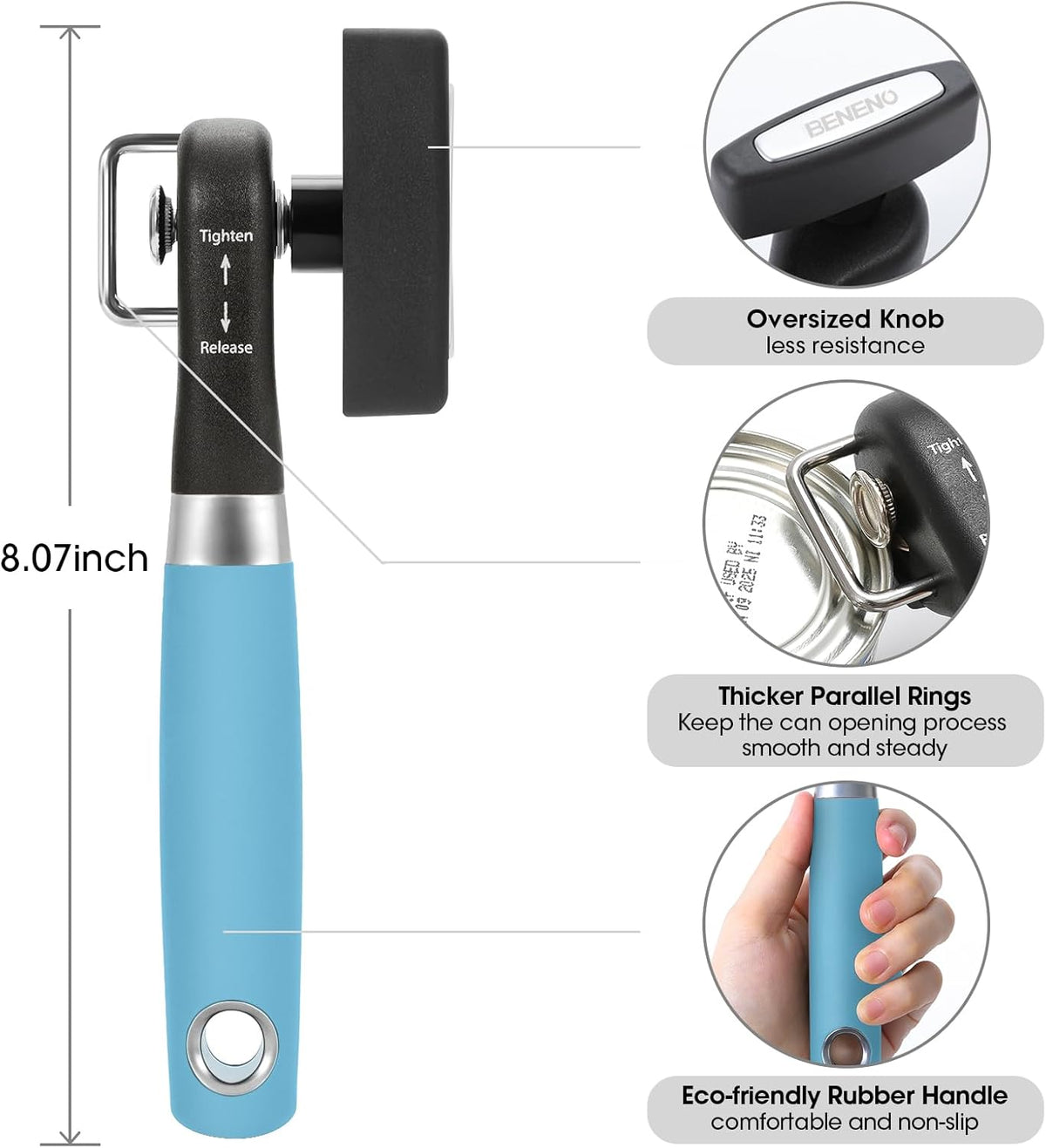 Beneno Can Opener, Manual Side Safe Cut Can Opener Smooth Edge with Durable Sharp Blade, Effort-Saving Knob & Comfortable Non-slip Handle, Aqua