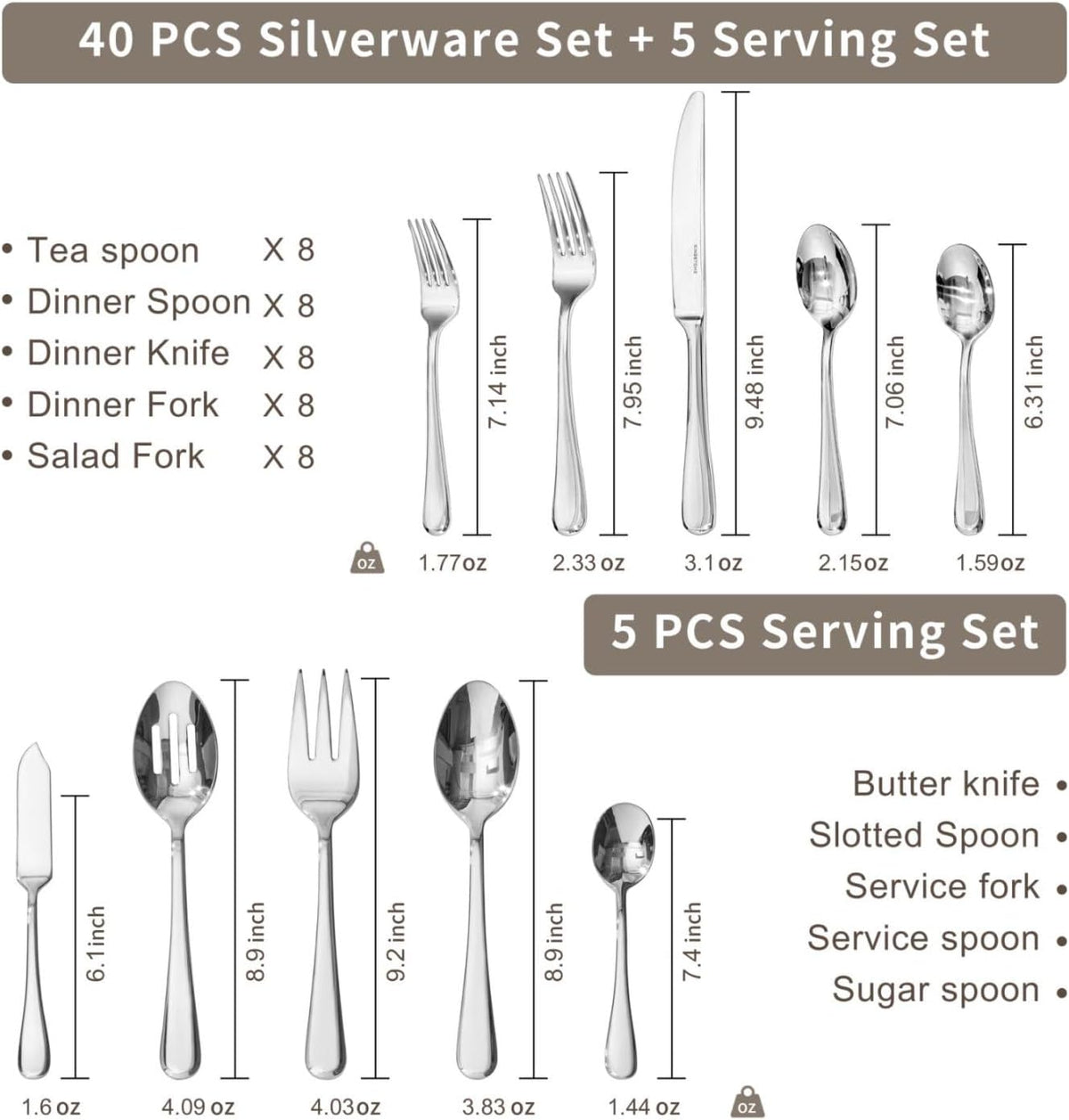 KINGSTONE 45 Pieces Silverware Set for 8, Premium Stainless Steel Flatware Set with Serving Utensils, Heavy Duty and Modern Design Cutlery Set, Mirror Polished, Dishwasher Safe
