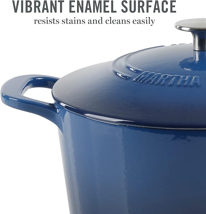 MARTHA STEWART Gatwick 7-Quart Enamel Cast Iron Dutch Oven Pot with Lid – Classic Blue – Durable Heavy-Duty Dutch Oven for Slow Cooking, Braising & Baking