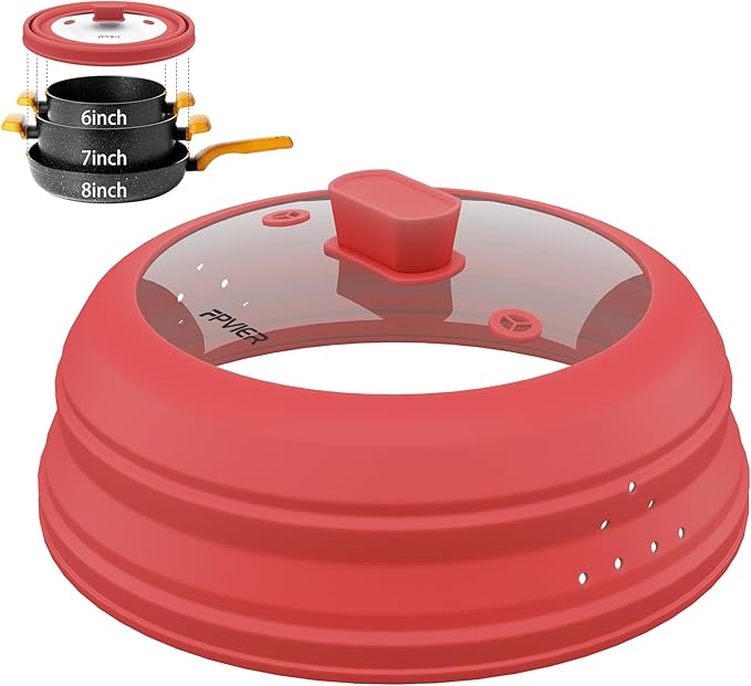 Microwave Splatter Cover, Vented Silicone and Glass Cover Splatter Guard Lid, Food Collapsible Plate Cover Lid with Easy Grip Handle. (Red, 9 inch)