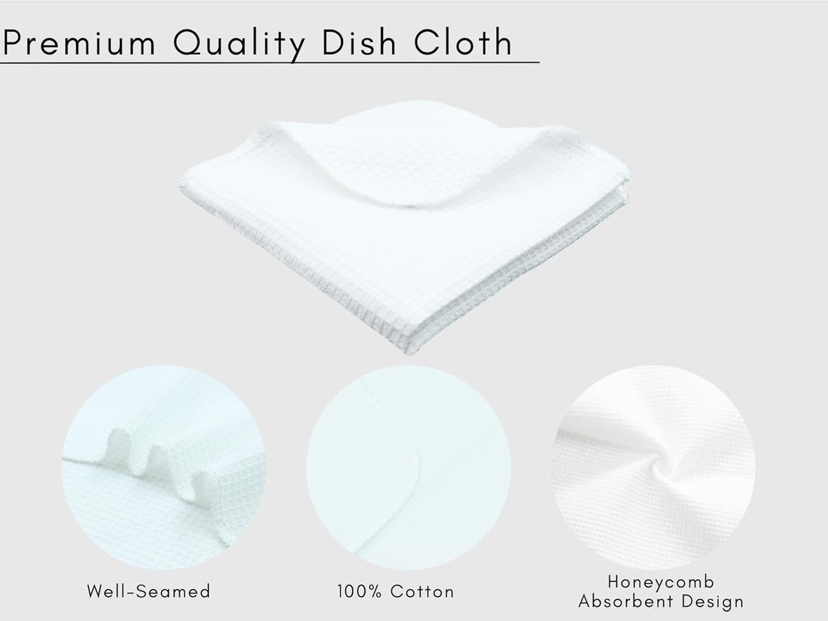 PurpleEssences Dish Cloths and Dish Rags - 6 Pack Waffle Weave Solid Kitchen Dish Wash Cloths, 100% Cotton, 12 x 12 Inches, Ultra Soft Absorbent Quick Drying - Spring Summer - White