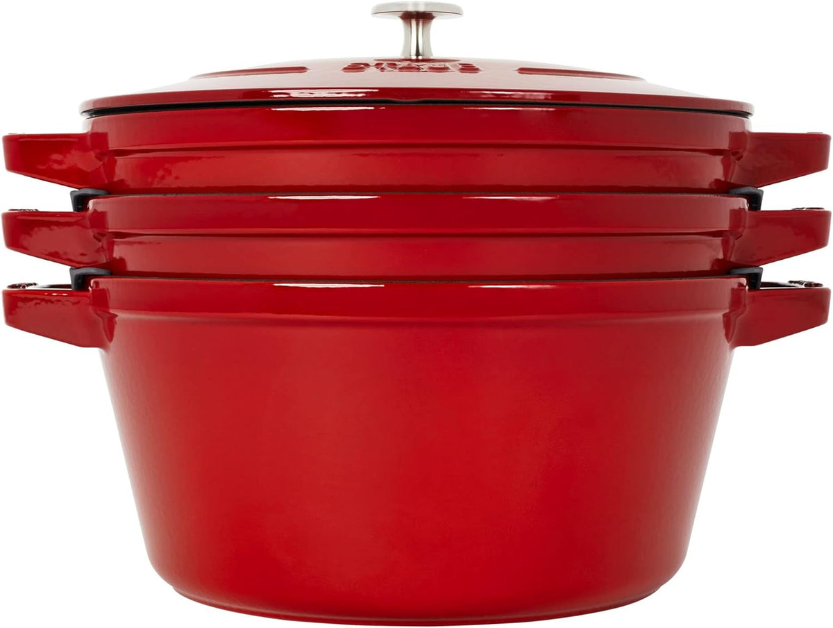 STAUB Cast Iron Set 4-pc, Stackable Space-Saving Cookware Set, Dutch Oven, Skillet, Grill Pan with Universal Lid, Made in France, Cherry