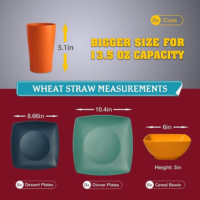Teivio 32-piece Plastic Wheat Straw Square Dinnerware Set for 8, Unbreakable Dinner Plates, Salad Plates, Snack Bowls, Tumblers 13.5 oz, Dishwasher Safe, Autumn Multicolor