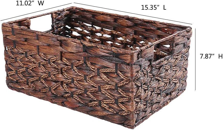 Rectangular Wicker Storage Basket, Dark Water Hyacinth Basket With Inside Handles Shelves Kitchen Office Desk (Large)