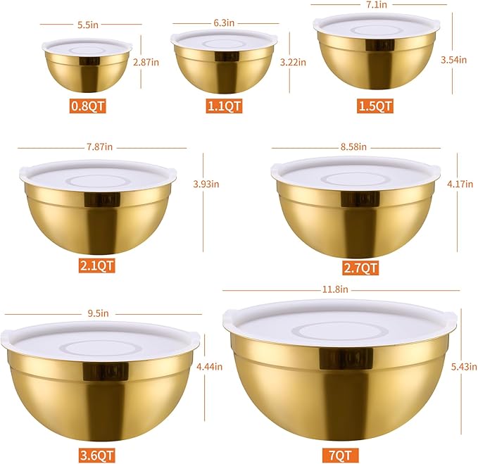 Gold Mixing Bowls with Lids Set of 7, Stainless Steel Nesting Bowl with Khaki Lid for Non-slip Mixing Prepping Storing Serving, 7 Sizes-7/3.6/2.7/2.1/1.5/1/0.8 QT