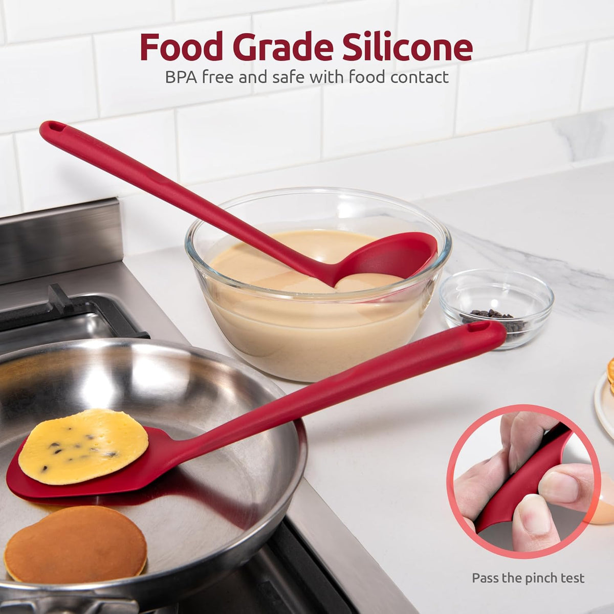 Silicone Kitchen Cooking Utensil Set: U-Taste High Heat Resistant 13.6in Long Kitchen Gadgets, BPA Free Non Stick Rubber Cook Accessories For Stir Frying, Serving, Basting, Mixing (5 Pieces, Red)