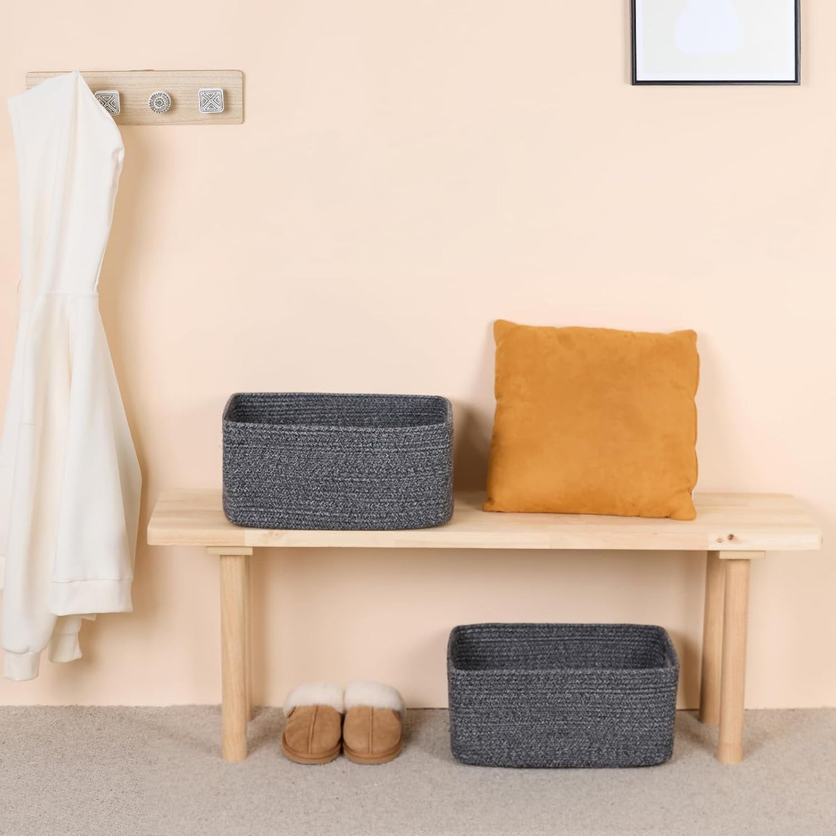 Large Storage Baskets for Shelves, Closet Organizers Bins for Clothes Blanket Towels, Baby Nursery, Toy Baskets Box, Woven Rope Baskets, 17 x 13 x 7.5”, 2 Packs Dark Gray