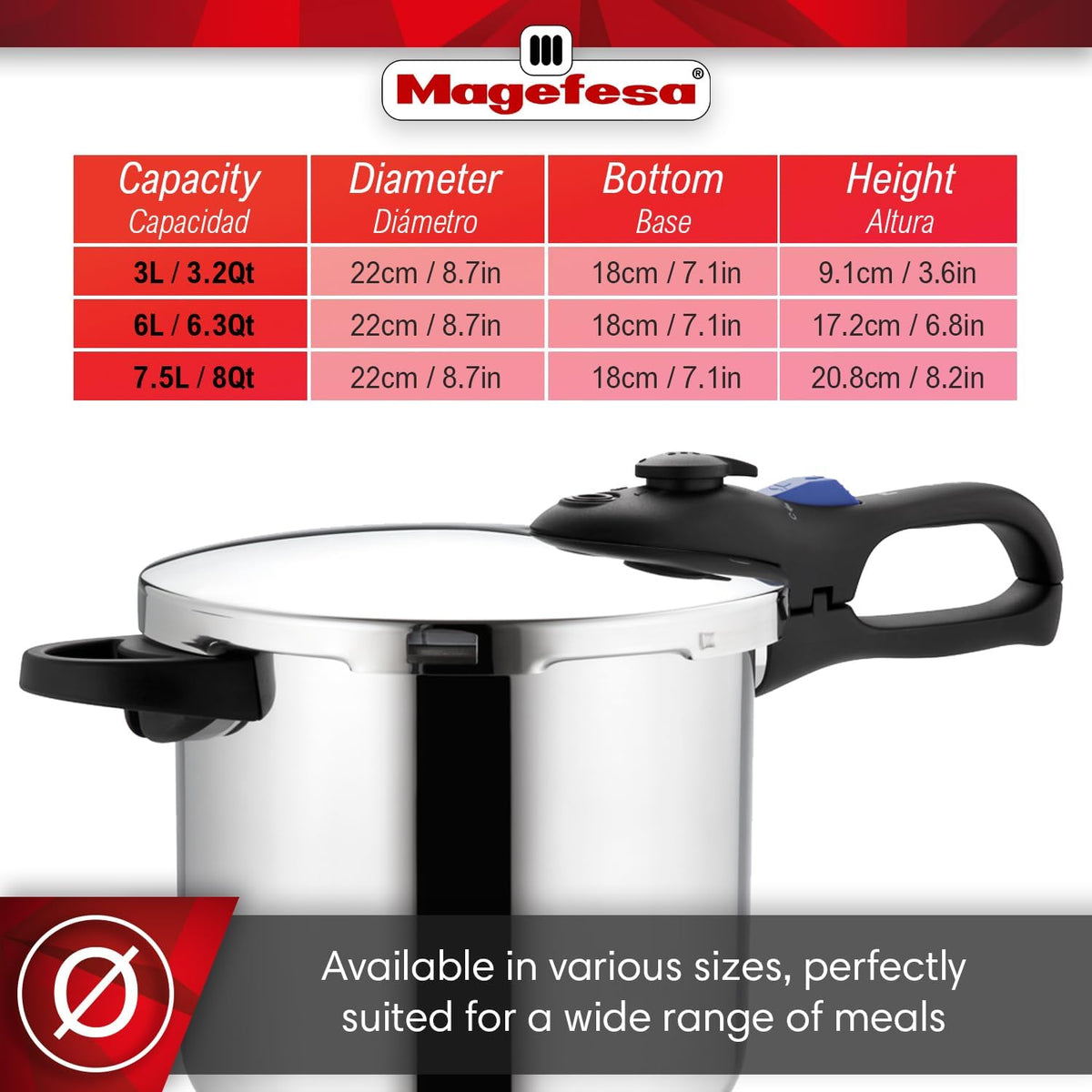 MAGEFESA Favorit 6.3 Qt Pressure Cooker – Easy-to-Use Fast Cooking Pot, 18/10 Stainless Steel, Induction Compatible, Even Heat Distribution, Works on All Stovetops