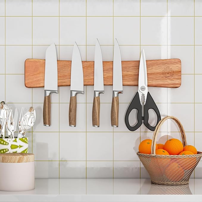 Magnetic Knife Strip, 16 Inch Magnetic Knife Holder for Wall with N52 Strong Magnets, Premium Oak Wooden Knife Magnetic Strip Organizer for Kitchen Knives & Tools,No Drilling