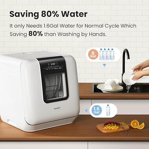 COMFEE' Countertop Dishwasher, Portable Dishwasher with 6L Built-in Water Tank, Mini Dishwasher with More Space Inside, 7 Programs, UV Hygiene& Auto Door Open, for Apartments, Dorms& RVs, White