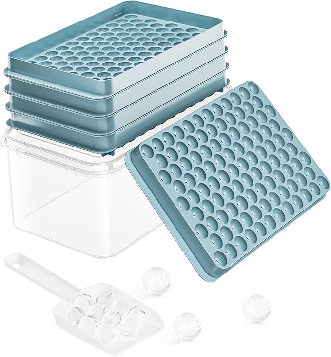 Mini Ice Cube Trays for Freezer - 0.6 IN Tiny Round Pebble Nugget Ice Mold Trays with Lid and Bin, Crushed Ice Trays Makes 104x4 pcs Ice balls - Easy Release Ice Maker for Cocktails, Drinks, Whisky