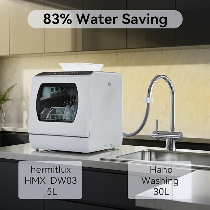 Hermitlux Portable Countertop Dishwashes, 5 Washing Programs Mini Dishwasher with 5-Liter Built-in Water Tank for Apartments & RVs, Tabletop Dishwasher with LED Light & Glass Door, No Hookup Needed