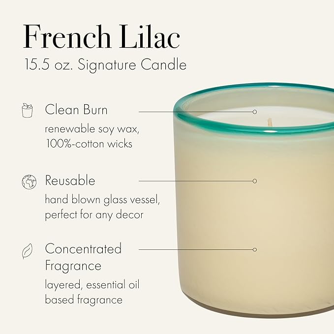 LAFCO New York Signature Candle, French Lilac - 15.5 oz - 90-Hour Burn Time - Reusable, Hand Blown Glass Vessel - Made in The USA