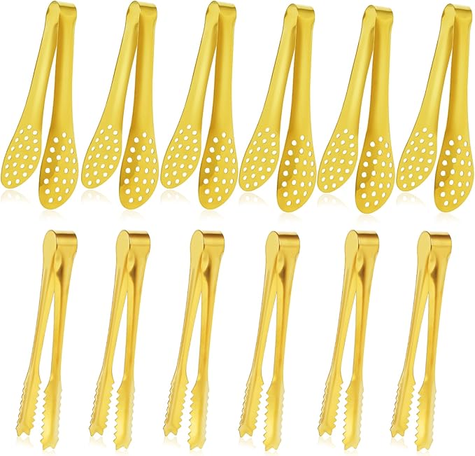 JCREN 12 Pack Mini Tongs - Small Stainless Steel Food Tongs for Serving Appetizers, Tea Party, Coffee, Desserts - 5 inch - Gold