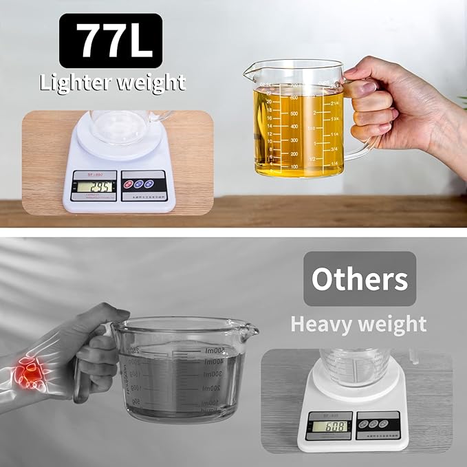 77L Glass Measuring Cup, Clear Liquid Measuring Cup with V-Shaped Spout and Three Scales, High Borosilicate Glass Beaker with Handle for Kitchen or Restaurant, 700 ML (0.7 Liter, 2 3/4 Cup)