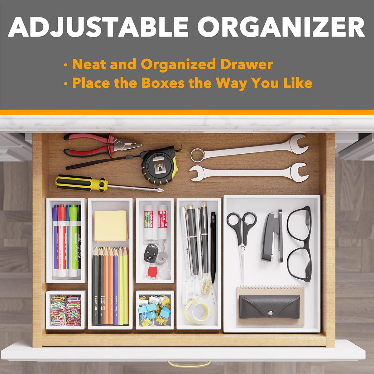 SpaceAid 7-Piece Bamboo Drawer Organizer Storage Boxes Set, Wood Tray Junk Drawer Organizers Multi-Use Divider Bins for Kitchen, Bathroom, Office Desk and Makeup Organization (7 Pack, White)