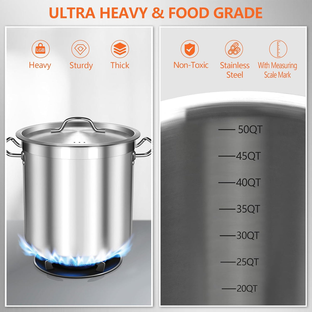 50 Quart Stainless Steel Stock Pot with Lid – Heavy Duty Large Cooking Pot for Soup, Stew, Chili – Commercial Grade, Induction Compatible – Great for Home & Catering
