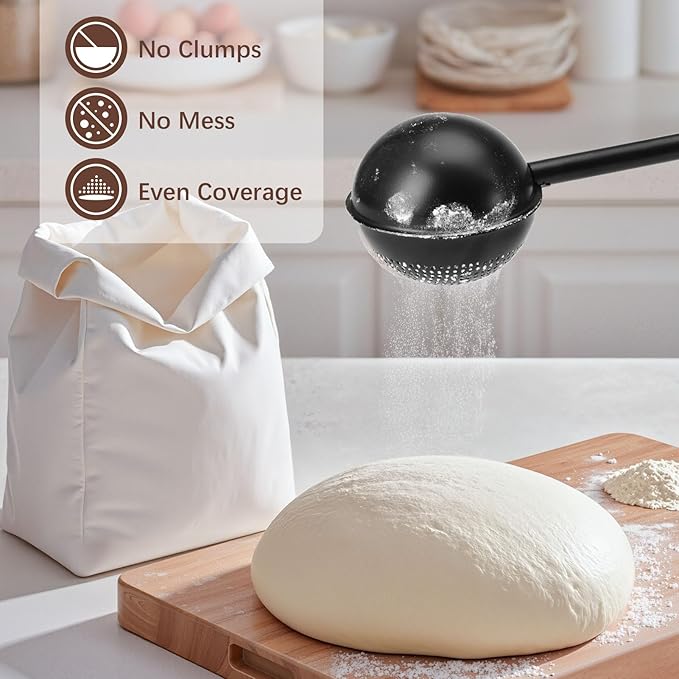 HULISEN Flour Duster for Baking, One-Handed Operation, 304 Stainless Steel Powdered Sugar Shaker Duster, Pick Up and Dust Flour Sifter, Gift Package, Black