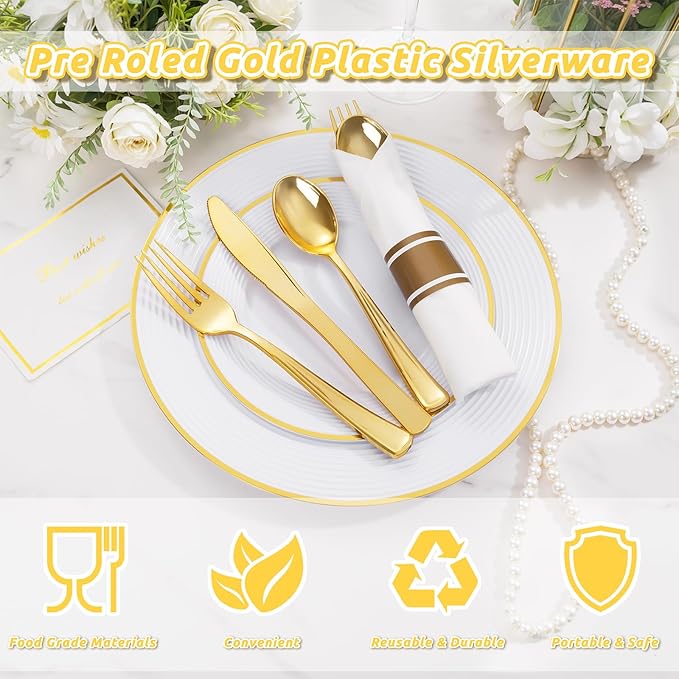 Liacere 100Pack Pre Rolled Gold Silverware and Napkin-Disposable Gold Plastic Utensils-Wrapped Plastic Cutlery Set with Napkin:100 Forks,100 Knives,100 Spoons,100 Napkins for Wedding&Thanksgiving