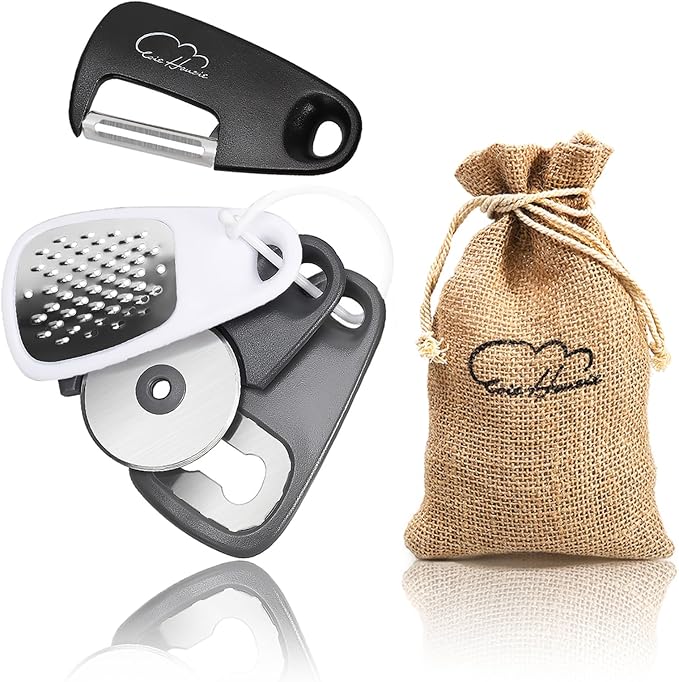 5 Pieces Kitchen Gadgets Set - Space Saving Cooking Tools Accessories Cheese Chocolate Grater, Fruit Vegetable Peeler, Bottle Opener, Pizza Cutter, Burlap Bags with Drawstring Gift Set
