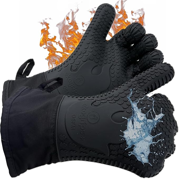 Ekogrips+ Premium Silicone Oven Mitts - Comfy, Waterproof, Heat Resistant BBQ Gloves for Grilling, Long Cuff for Added Protection, 5 Finger Dexterity, 3 Sizes, 4 Colors, L/XL, Black