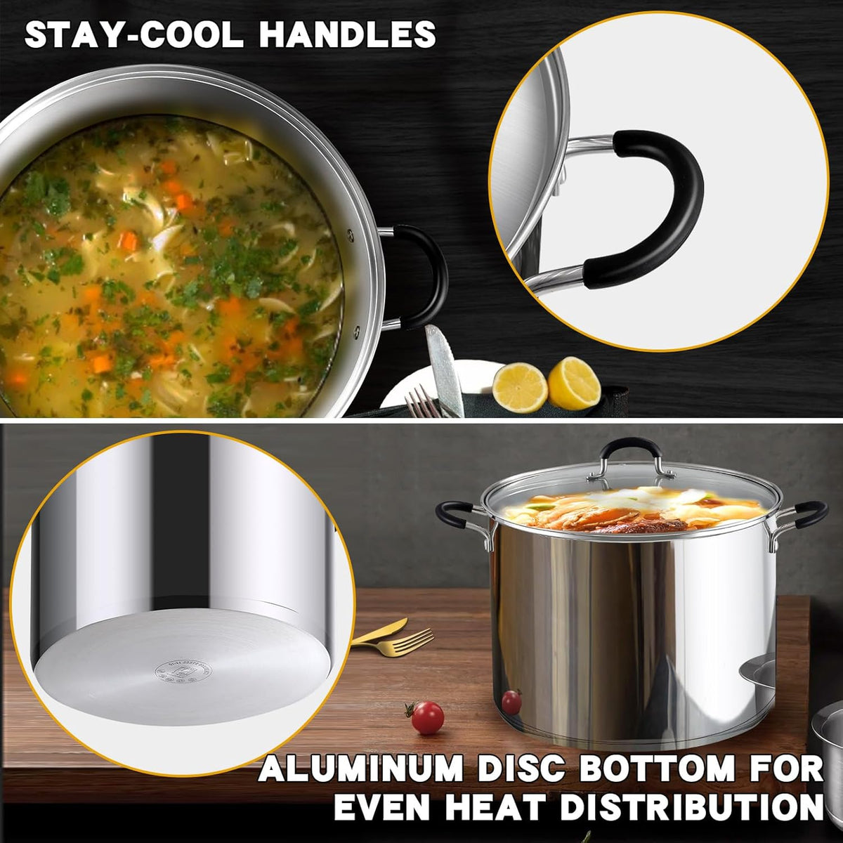 Cook N Home Stockpot Large pot Sauce Pot Induction Pot With Lid Professional Stainless Steel 20 Quart, with Stay-Cool Handles, silver