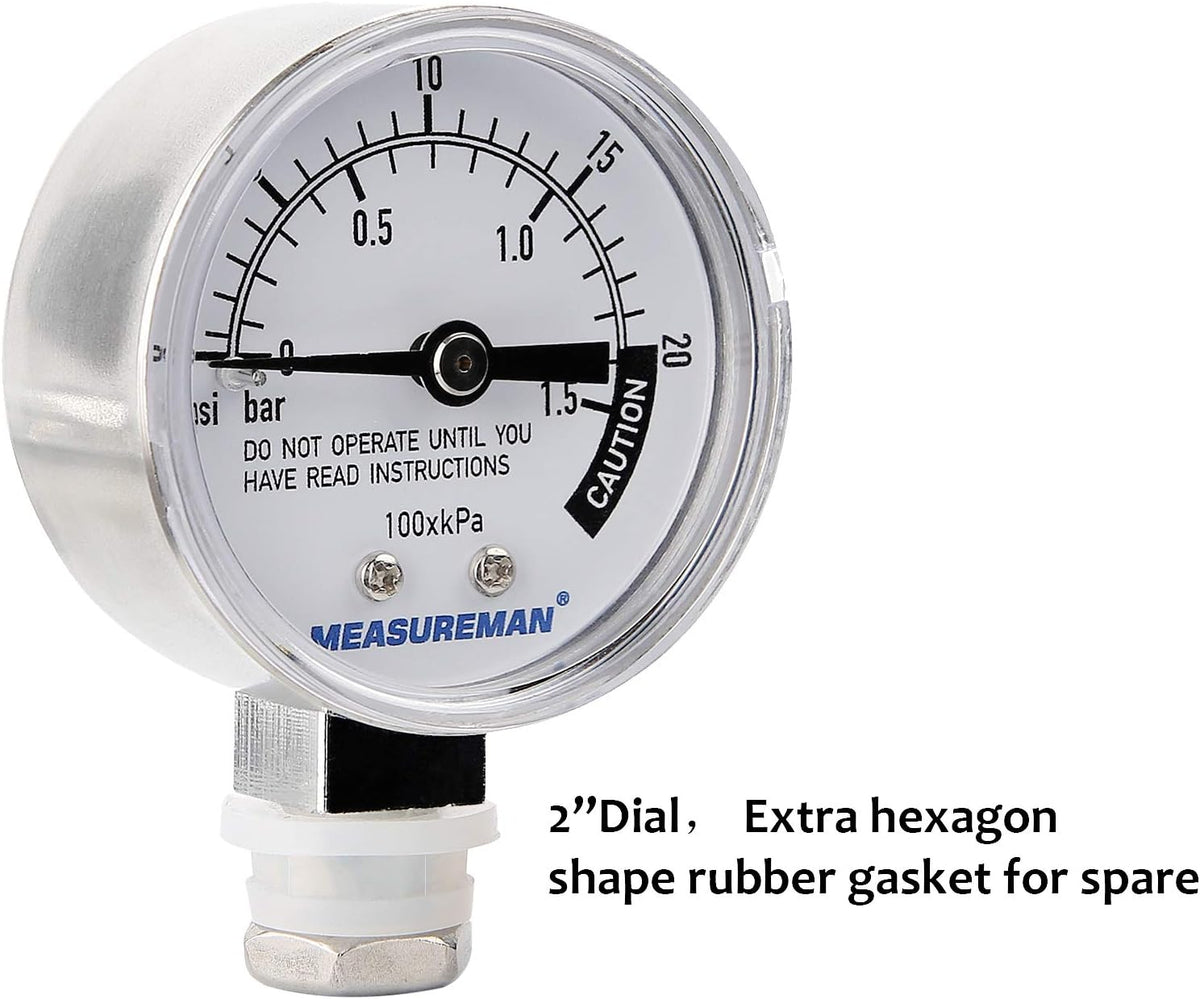 MEASUREMAN Stainless Steel Pressure Cooker Gauge, Pressure Canner Gauge, Steam Pressure Gauge, 2" Dial, Lower Mount, Including Hexagon Gasket and Nut