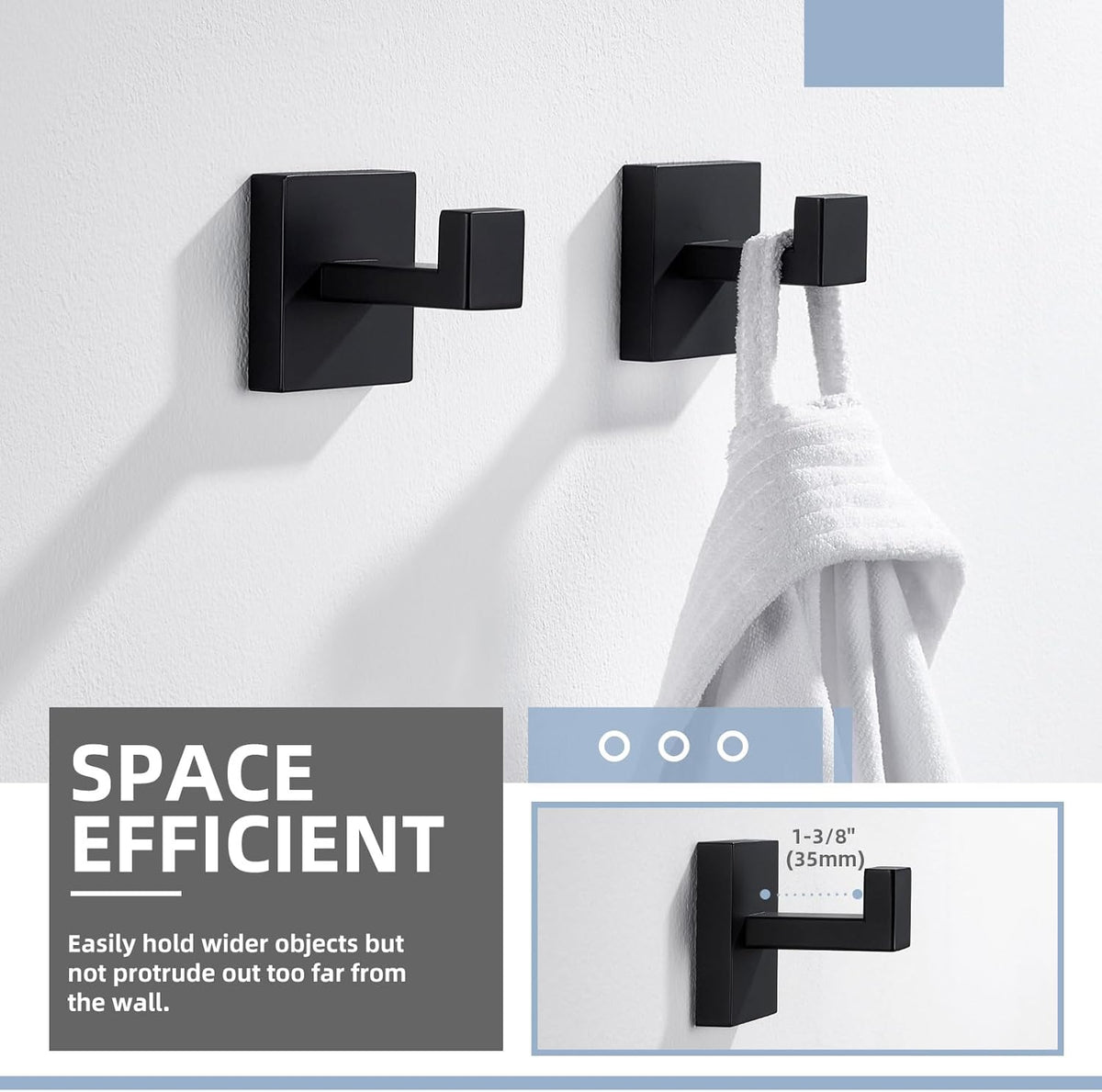 Angle Simple Matte Black Towel Hooks for Bathroom, SUS 304 Stainless Steel Square Wall Coat Hooks, 2 Pack