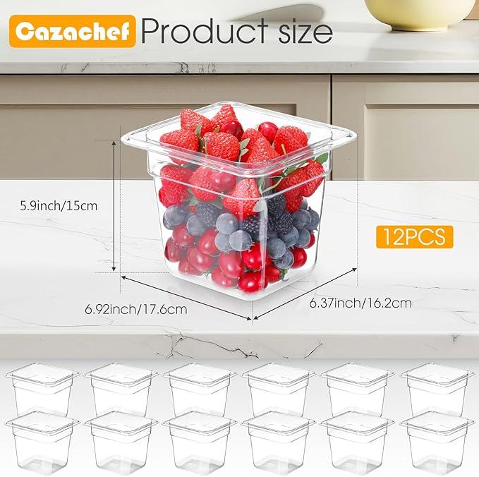12 Pack 6'' Deep NSF Food Pans 1/6 Size | Commercial Food Storage Containers | Polycarbonate Plastic Pans for Restaurant | Commercial Grade for Food Prep | Clear