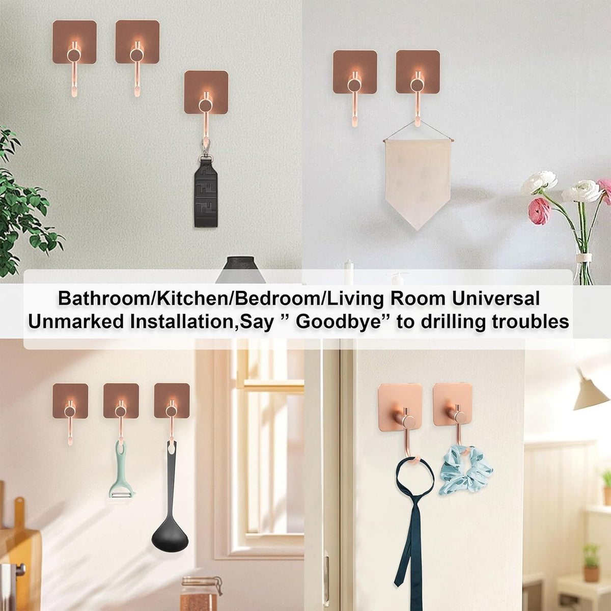 Aluminum Wall Hooks, No Drill Damage-Free Adhesive Hook, Product for Hanging Heavy Duty for Bathroom Kitchen Home (Curved Square Rose Gold Hook, 4)
