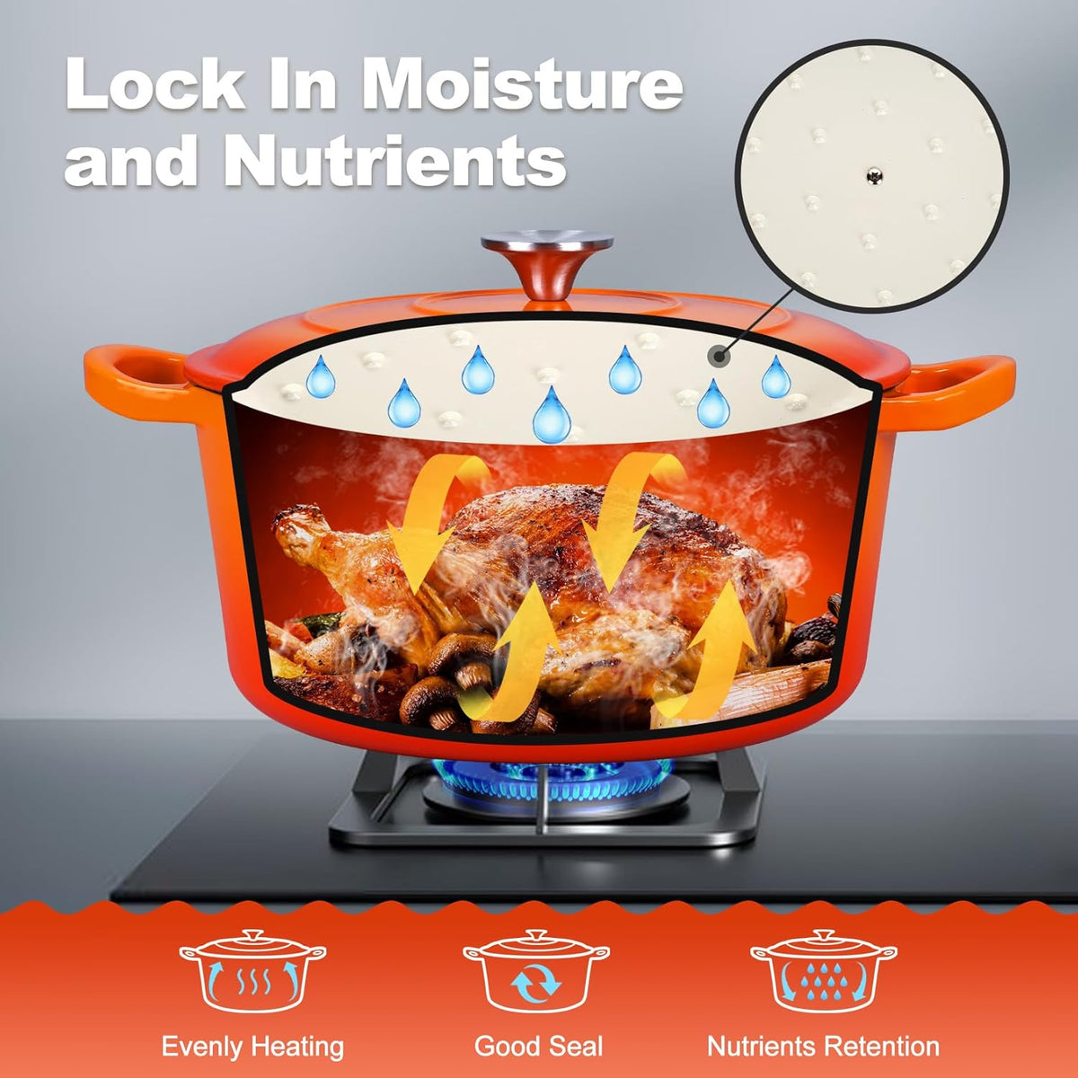 P&P CHEF 6QT Enameled Dutch Oven, Cast Iron Dutch Oven Pot with Lid for Bread Baking, Enameled Casserole Pot for Roasting Braising Stewing Frying Simmering, Various Stoves & Easy Clean, Orange