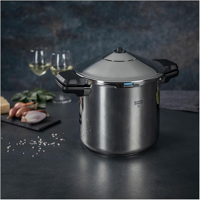 Kuhn Rikon DUROMATIC® 7.0L Stovetop Pressure Cooker – 22cm, Swiss Made – 18/10 Stainless Steel, Energy Efficient, Safe Locking Lid, Works on Induction & All Stovetops, Includes Trivet & Cookbook
