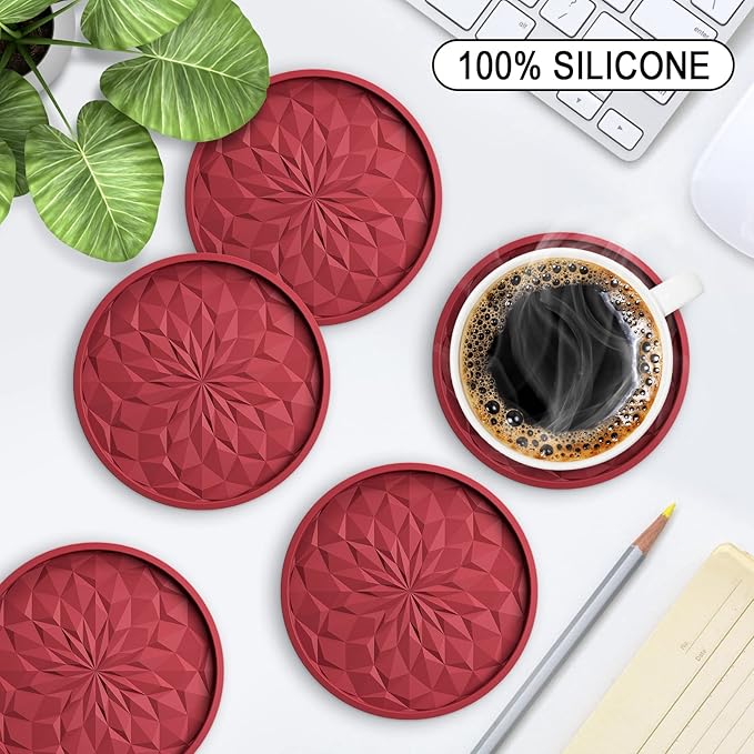 ME.FAN Silicone Coasters with Holder,[6 Pack] Drinking Coasters - Cup Mat for Hot or Cold Drinks, Thickened, Non-Slip, Non-stick,Deep Tray Wine Red