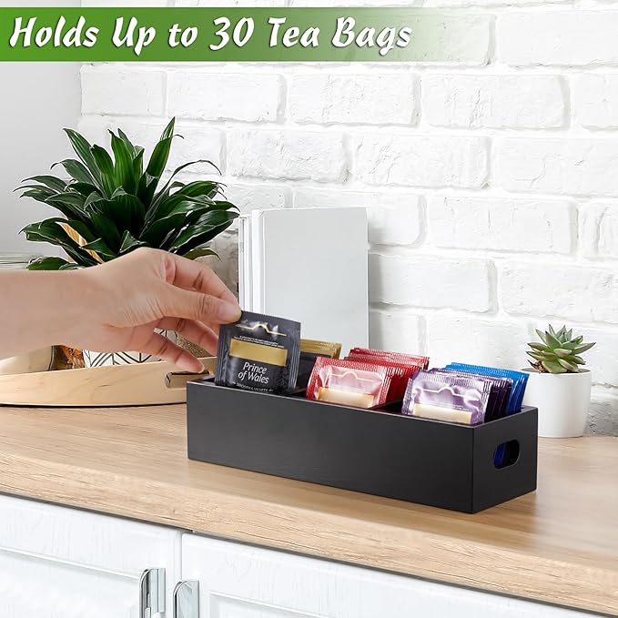 DRASTAR Tea Bag Organizer, Black Wooden Tea Bag Holder, Tea Storage Containers with 3 Slots, Sugar Packet Holder, Tea Bag Caddy Box for Countertop