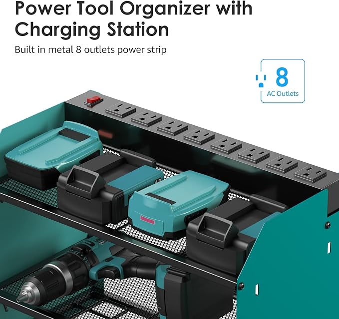 CCCEI Modular Power Tool Organizer Wall Mount with Charging Station. Garage Drill Storage Shelf with Hooks, Heavy Duty Rack, Tool Battery Holder Built in 8 Outlet. Gift for Men. Navy Blue, 1 Pack.