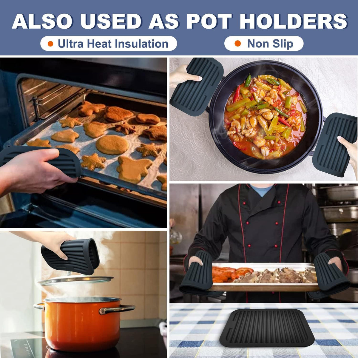 Walfos Silicone Trivets Set - Heat Resistant Pot Holder, Non-Slip and Flexible, 2 Pcs Multi-Purpose Kitchen Table Mat, Prefect for Hot Dishes, Jar Opener, Spoon Holder, Oven Mitts(Orange)
