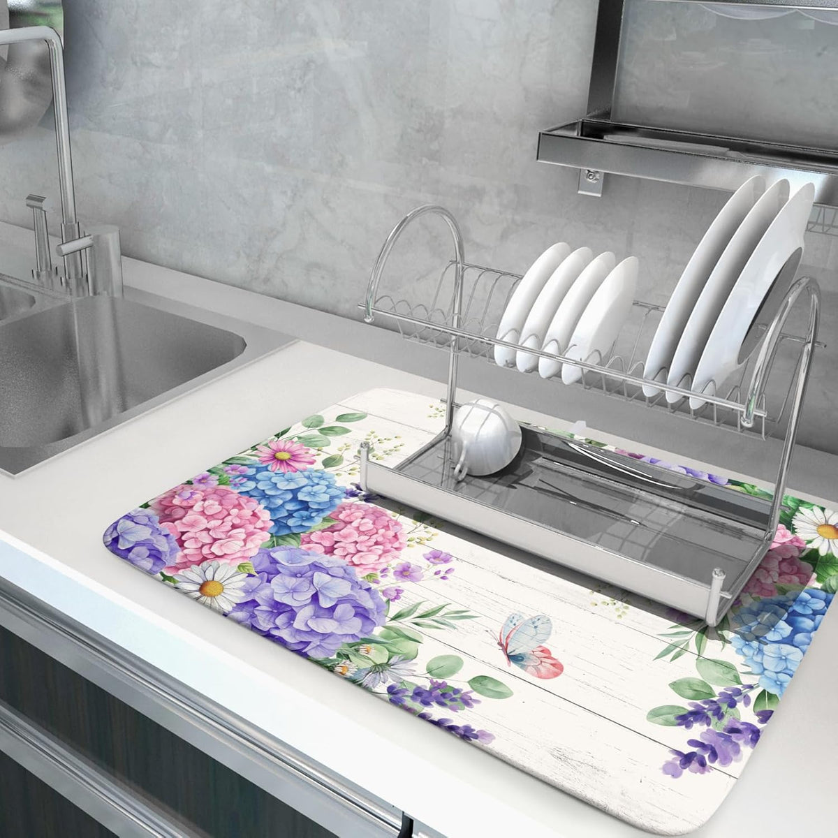 Hydrangea Floral Dish Drying Mat 18x24 inch Spring Summer Decorative Fast Dry Dishes Draining Mats Absorbent Microfiber Drainer Rack Pad