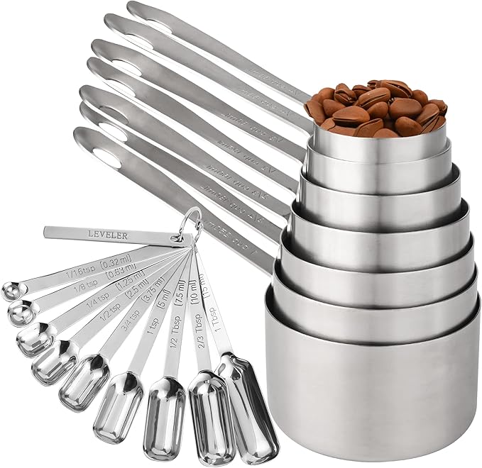 17-Piece Stainless Steel Measuring Cups and Spoons Set, Silver, 7 Cups & 9 Spoons + Leveler