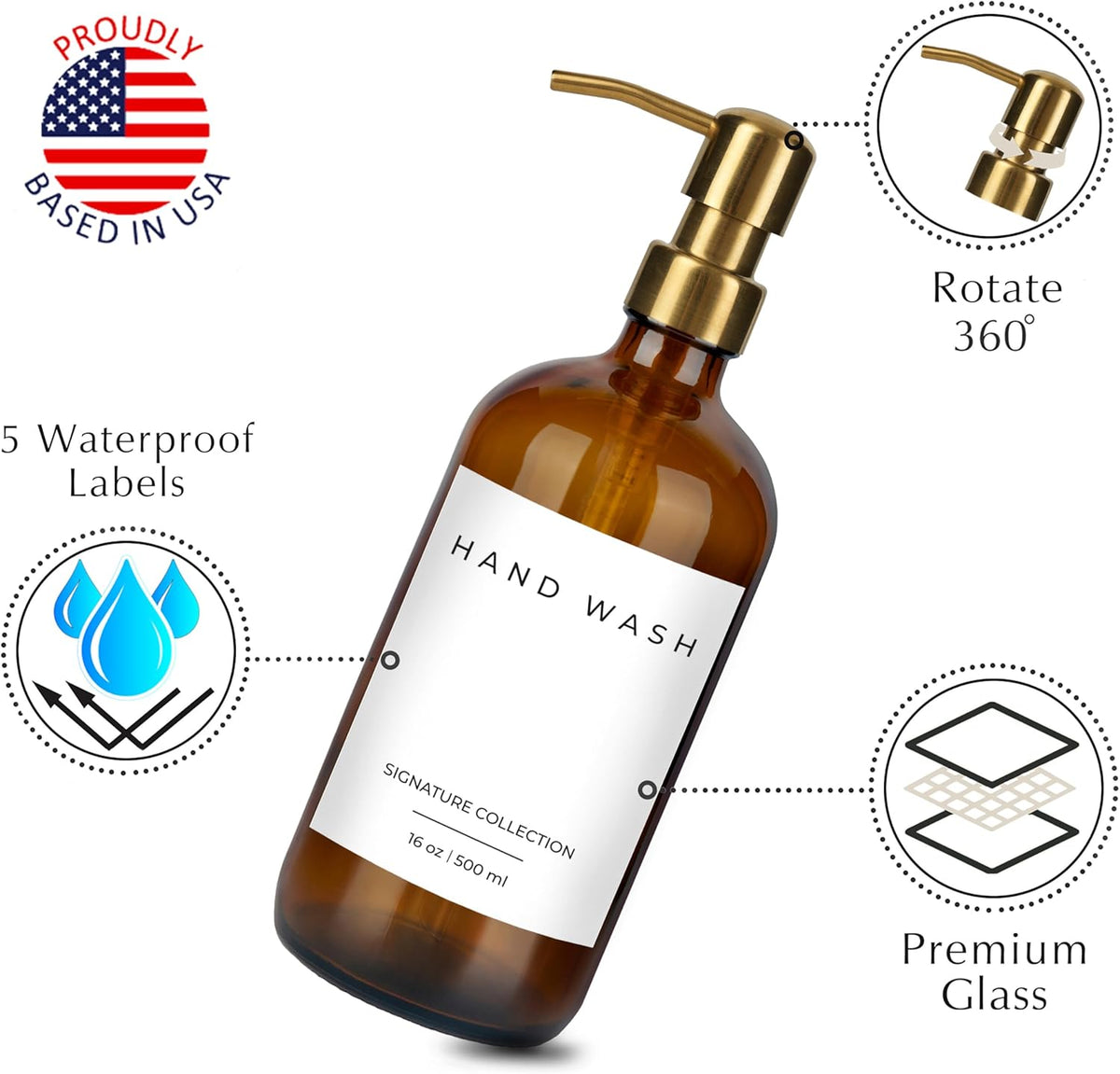 Emerson Essentials Glass Soap Bottle Dispensers, 2 Pack, Stainless-Steel Pumps Rust-Free, Hand Set for Bathroom Kitchen Sink, Liquid Lotion Shampoo Jars with 4 Waterproof Labels, 16 Oz Amber/Gold