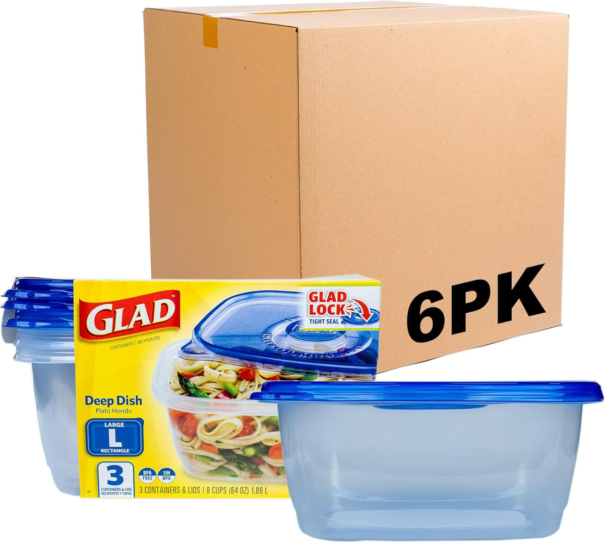 Glad GladWare Deep Dish Food Storage Containers, Large Rectangle - Meal Container Holds up to 64 Ounces of Food - Lock Tight Seal, 3 Count - 6 Pack