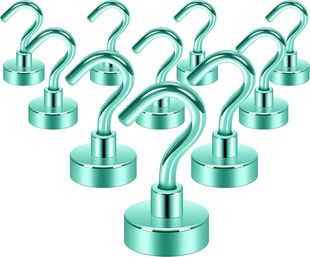 Neosmuk Magnetic Hooks,30lb+ Heavy Duty Earth Magnets with Hook for Refrigerator, Extra Strong Cruise Hook for Hanging, Magnetic Hanger for Cabins, Grill (Green, Pack of 10)