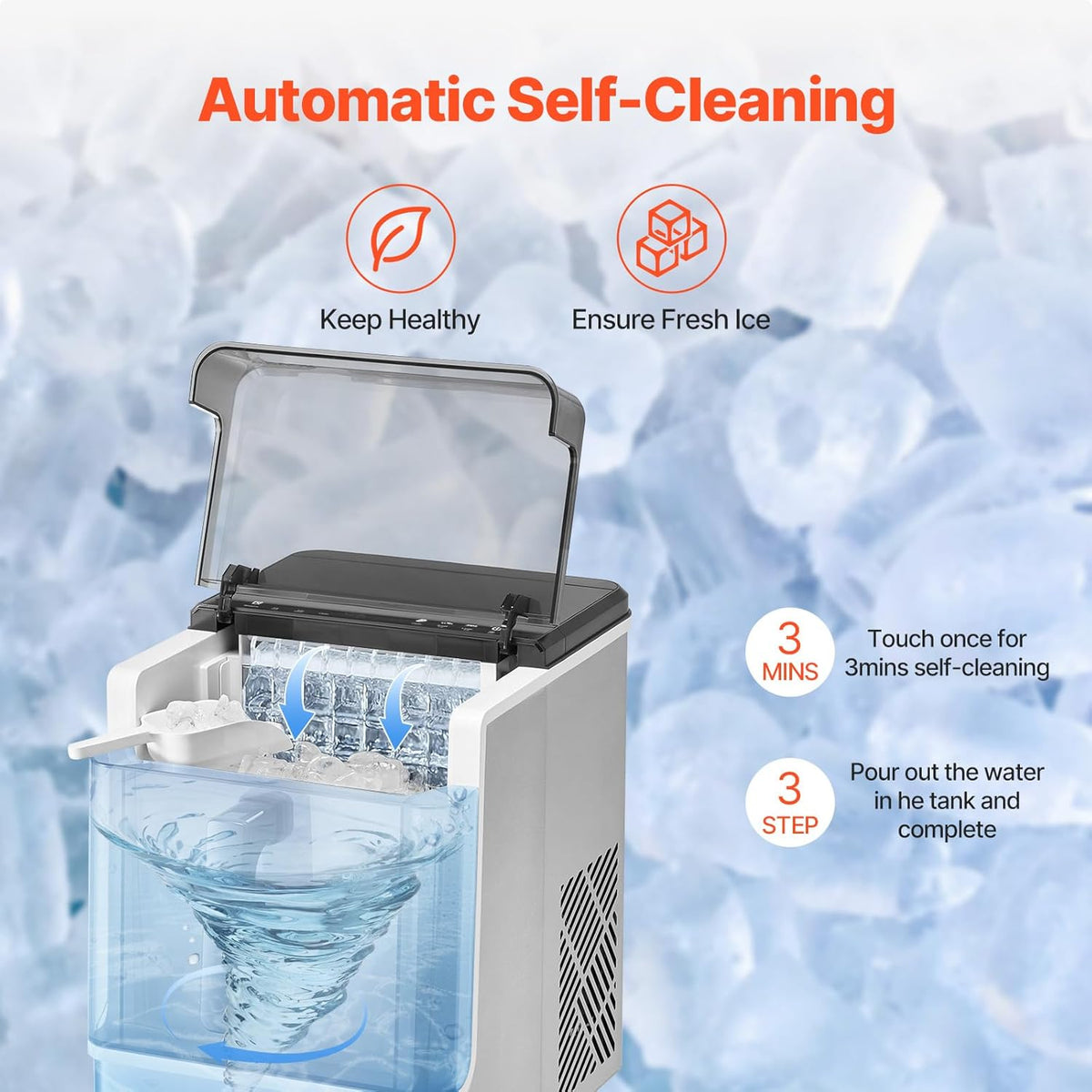 VEVOR Countertop Ice Maker, 32 Cubes Ready in 15 Mins, 46lbs in 24Hrs, Self-Cleaning Portable Ice Maker with Convenient Ice Transfer, Ice Machine with 3 Sizes Ice Cube for Home Kitchen Office Party