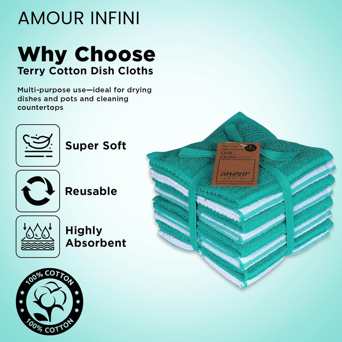 AMOUR INFINI Dish Cloths for Washing Dishes Set of 8 - Highly Absorbent, Super Soft Kitchen Dishcloths - Reusable Quick Dry Dish Rags for Cleaning & Drying Kitchen Linens (12x12 Inch - Teal)